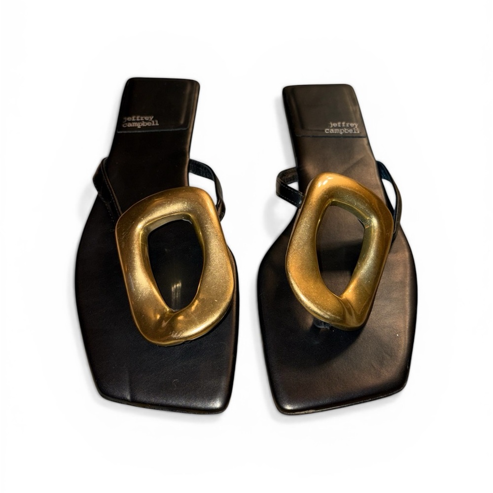 Jeffrey Campbell Linque Sandals Black Gold Statement Buckle Square Toe size 9 - Picture 2 of 7